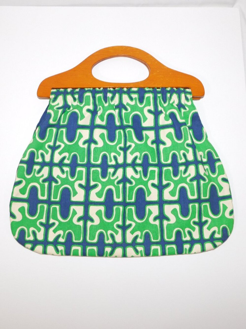 Retro Vintage 70s Wooden Handle Funky Green blue Mod Pattern Purse Bag